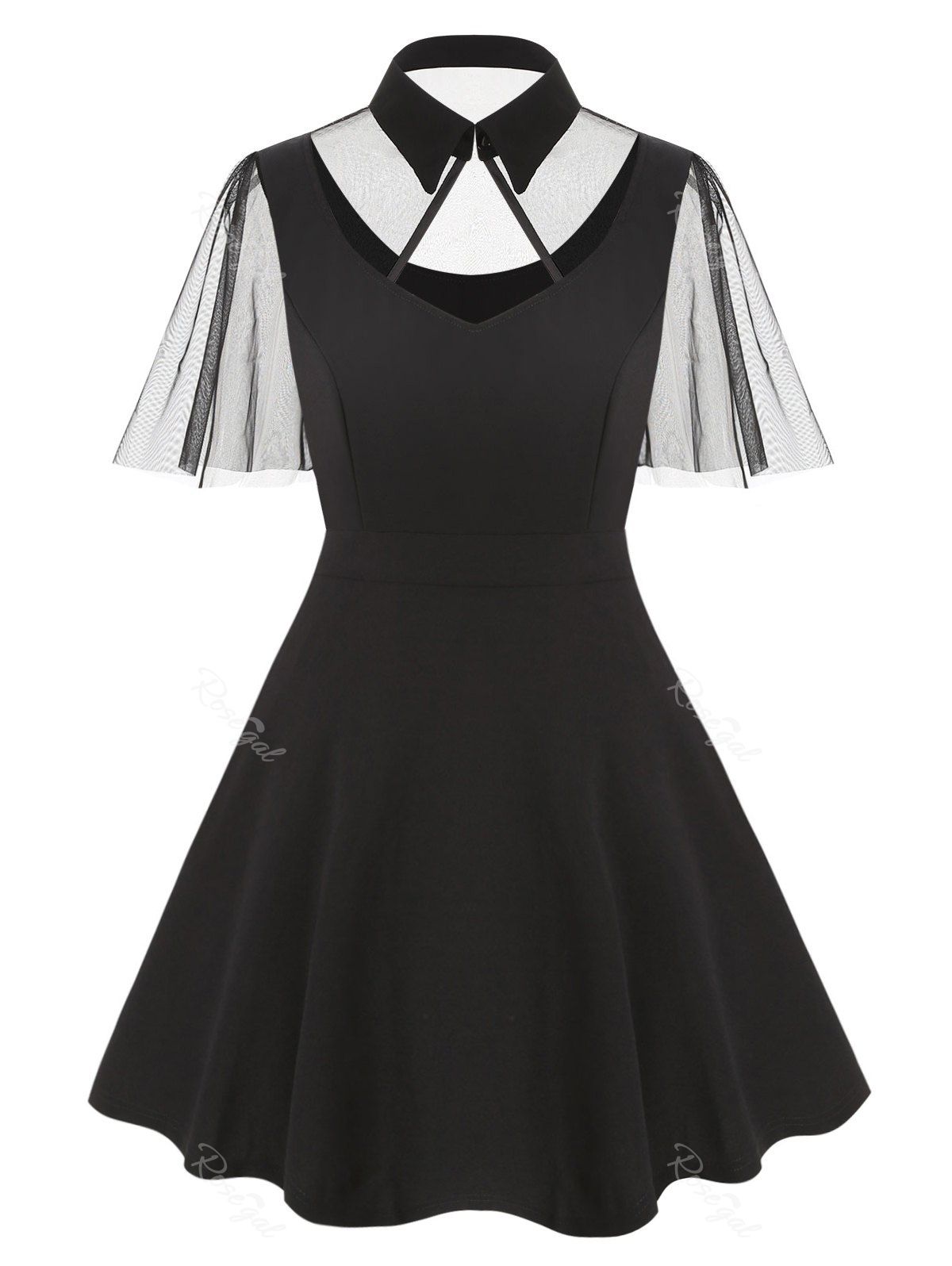 

Sheer Mesh Panel Cut Out Plus Size Vintage Dress, Black