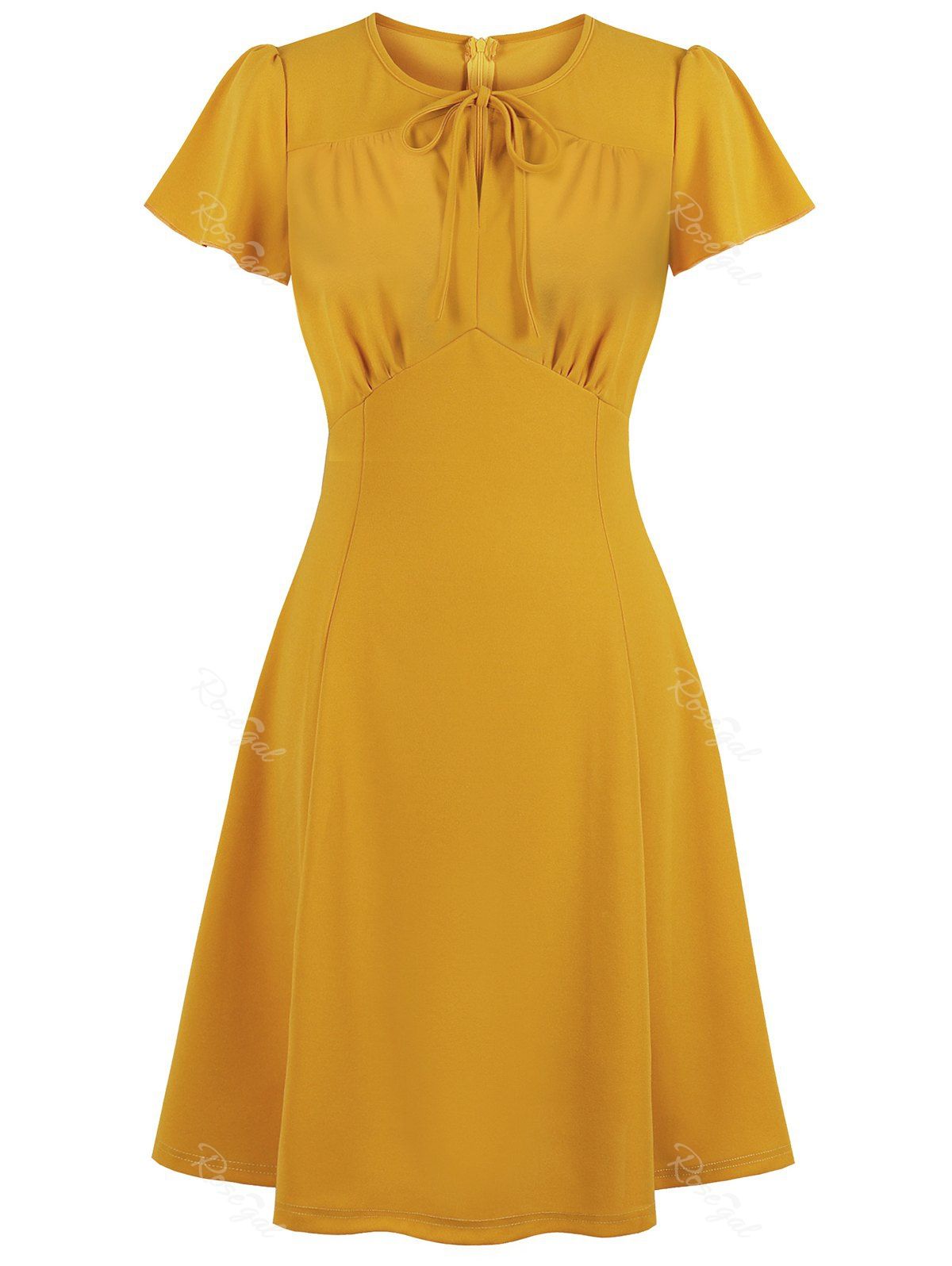 

Solid Back Zipper Tie Collar Ruched Plus Size Dress, Bee yellow