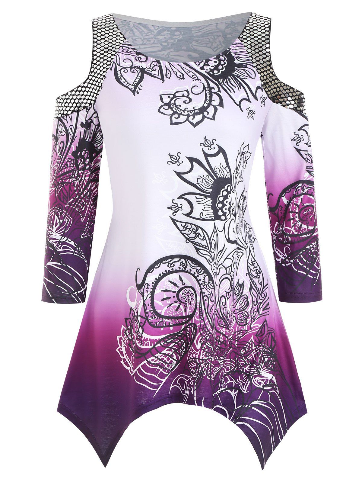 

Sequined Printed Cold Shoulder Round Neck Tee, Purple