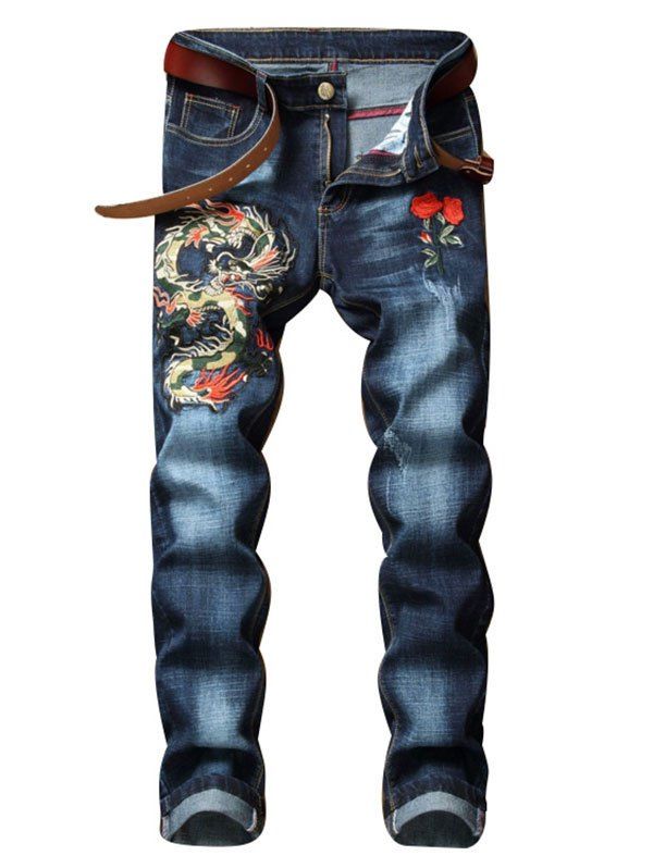 

Dragon Flower Pattern Embroidered Zip Fly Jeans, Denim dark blue