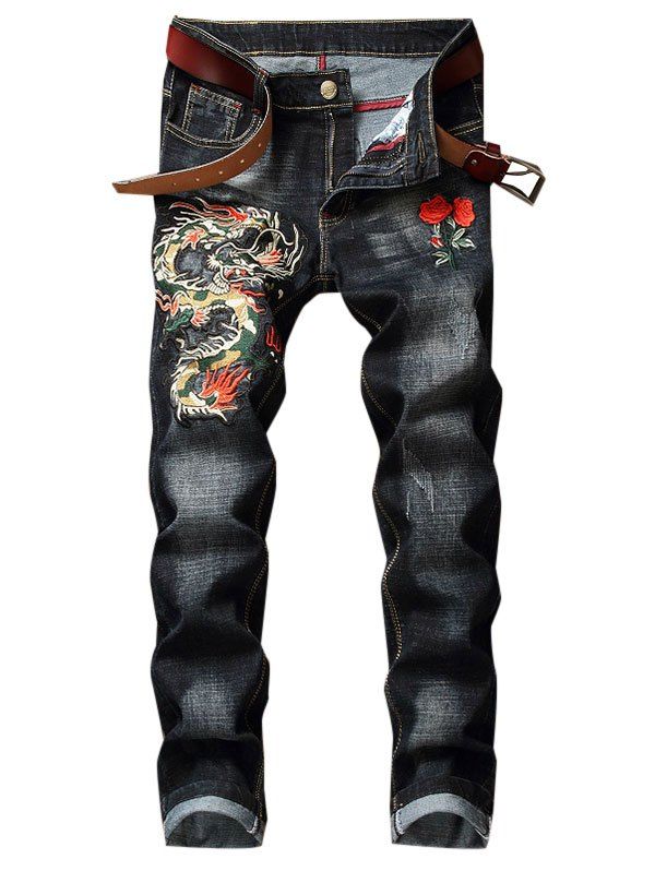 

Dragon Flower Pattern Embroidered Zip Fly Jeans, Black