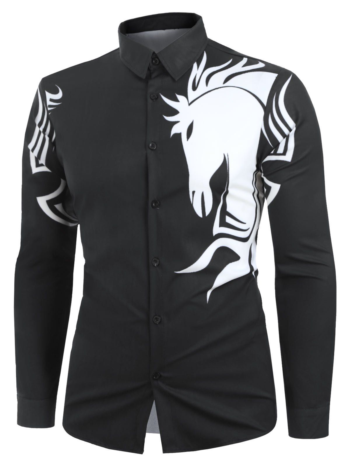 

Horse Pattern Print Long Sleeve Casual Button Shirt, Black