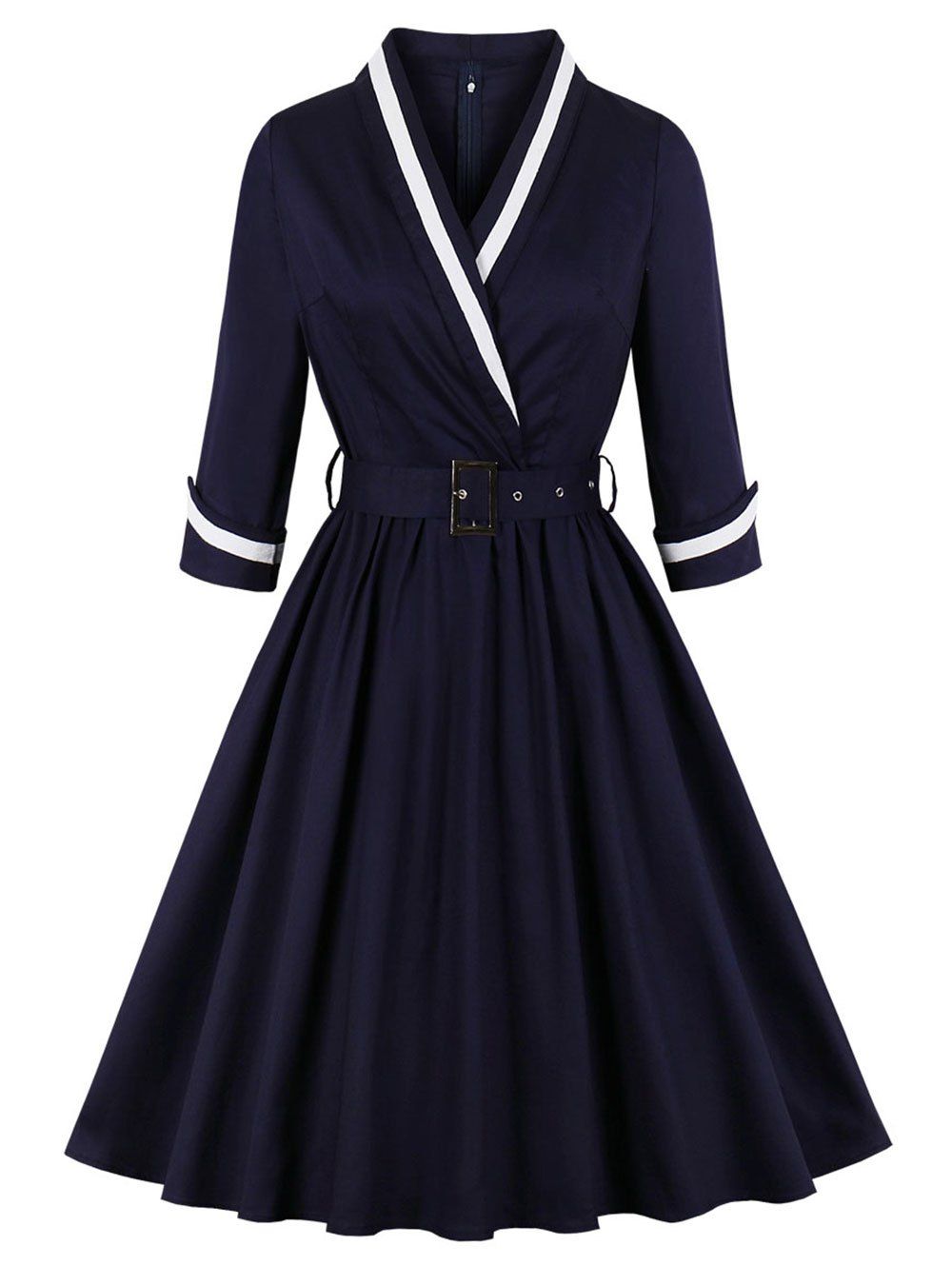 

Back Zipper Belted Surplice Plus Size Vintage Dress, Midnight blue