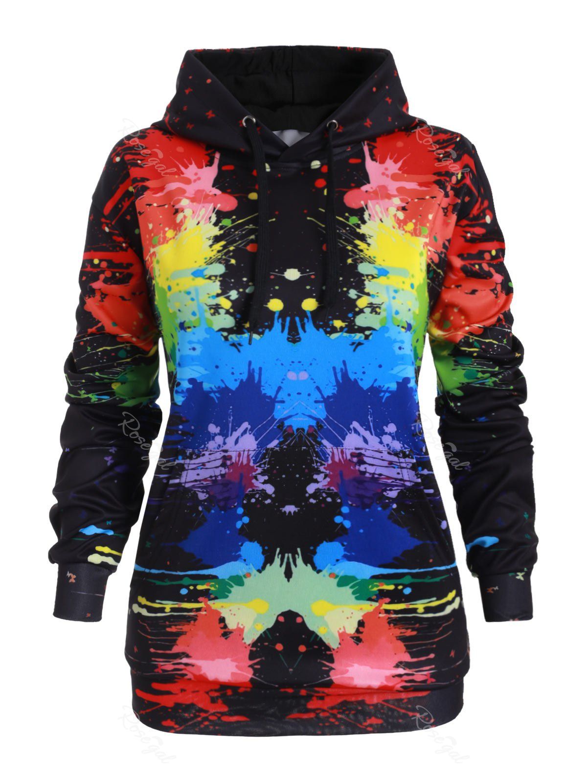 Drawstring Front Pocket Rainbow Paint Splatter Plus Size Hoodie, Multi-b