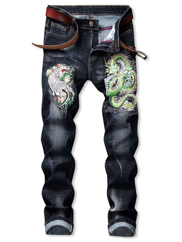 

Tiger Dragon Pattern Embroidered Zip Fly Jeans, Black