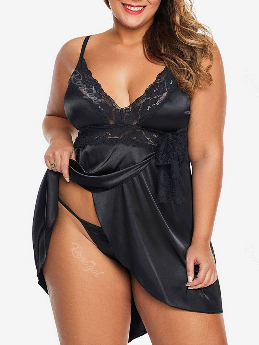 

Bowknot Overlap Lace Panel Satin T Back Plus Size Babydoll, Black