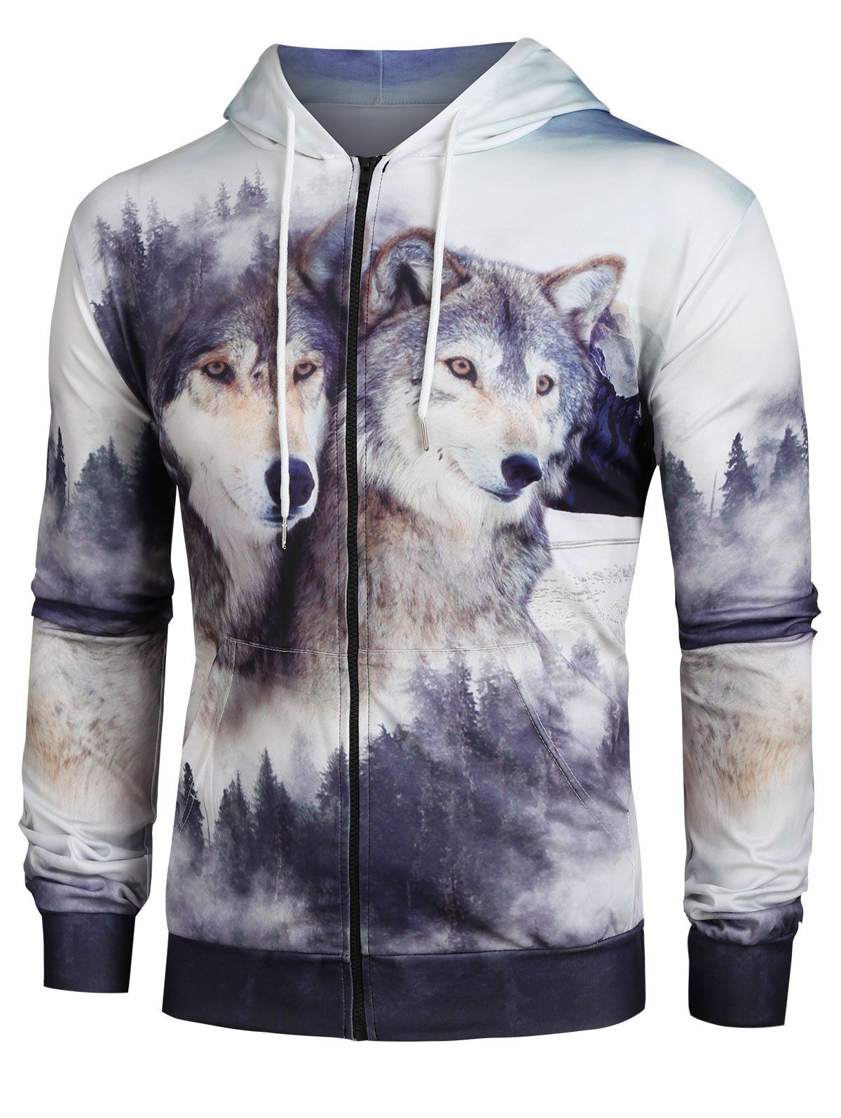 

Double Wolf Print Zip Up Pockets Hoodie, Multi