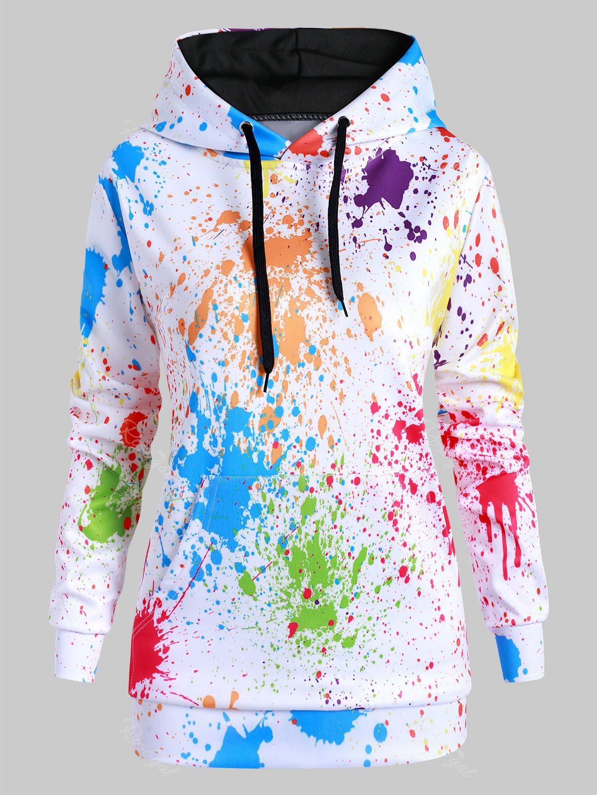 

Drawstring Front Pocket Rainbow Paint Splatter Plus Size Hoodie, White