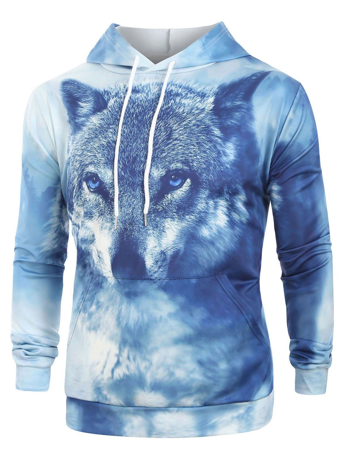 

Wolf Head Print Kangaroo Pocket Drawstring Hoodie, Multi