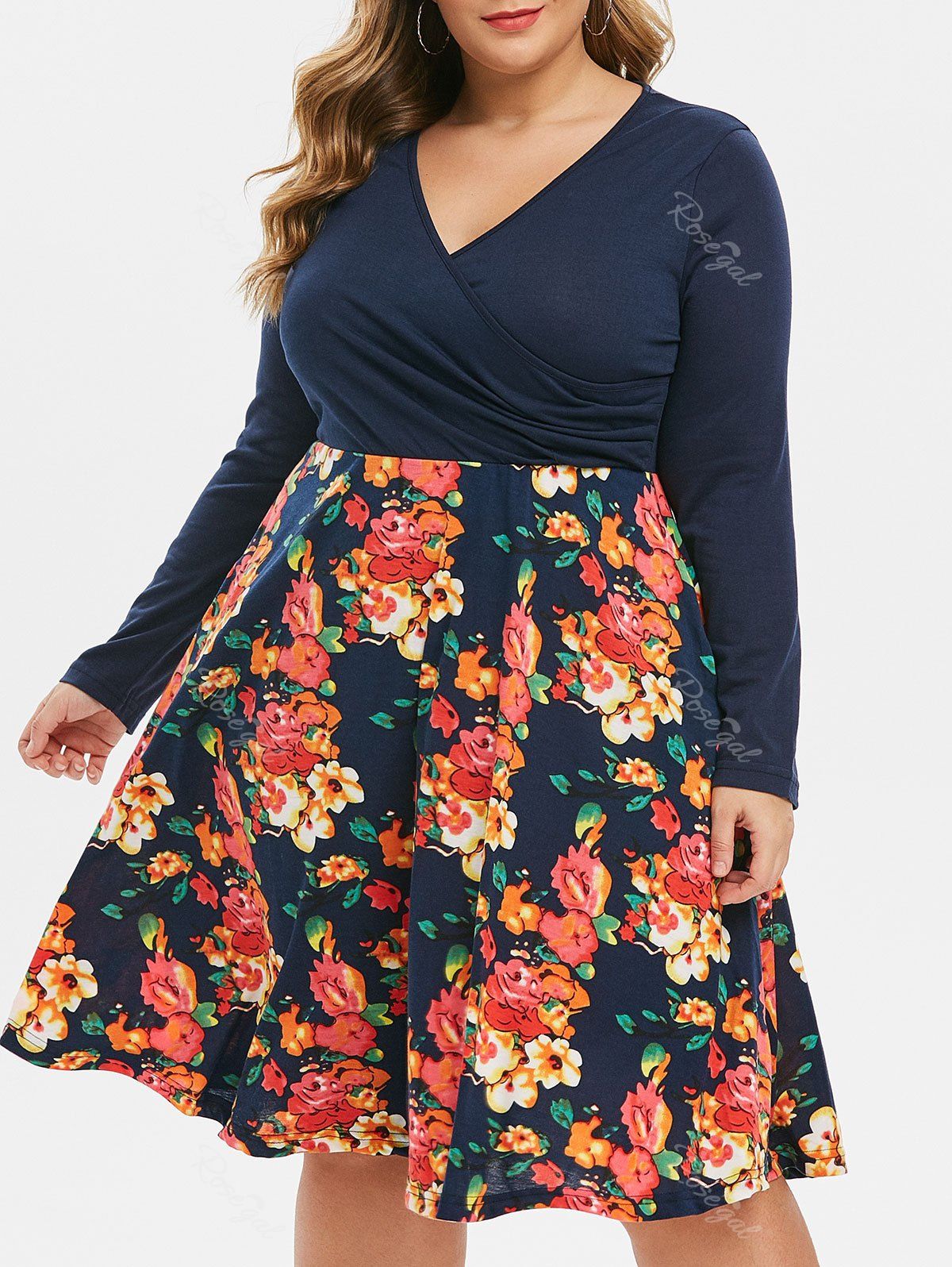 

Long Sleeve Seam Pockets Floral Surplice Plus Size Dress, Orange