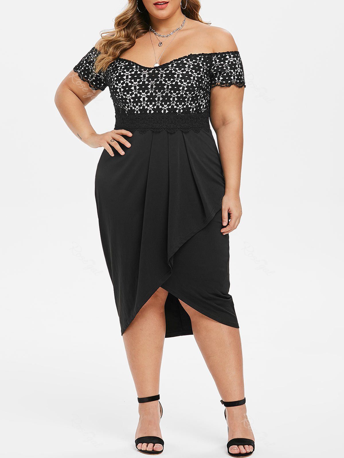 

Plus Size Applique Panel Off Shoulder Tulip Party Dress, Black