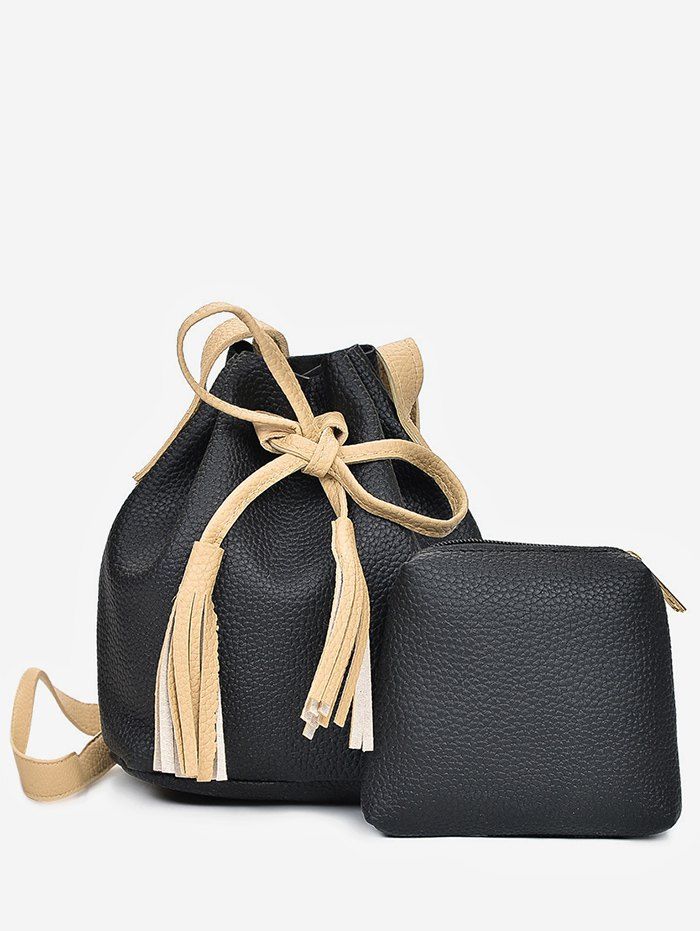 

2 in 1 Faux Leather Two Tone Bucket Bag, Black