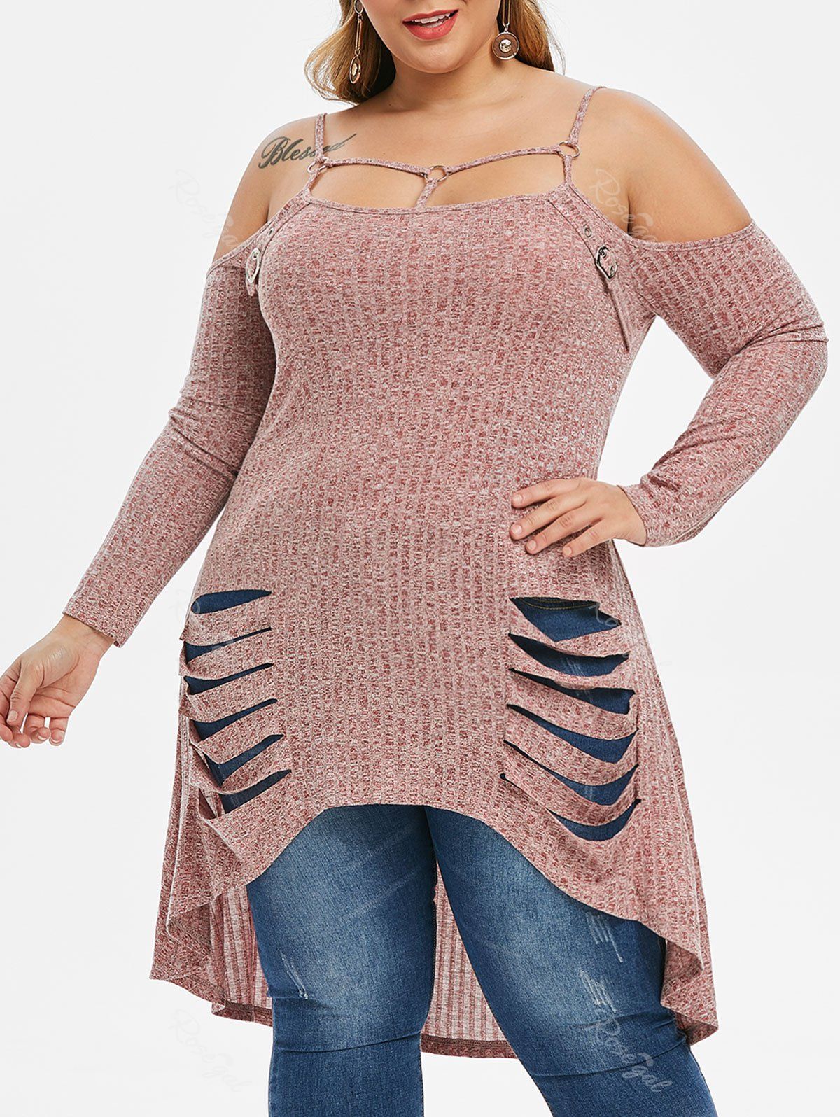 

Plus Size Cold Shoulder Ripped High Low Knitwear, Lipstick pink