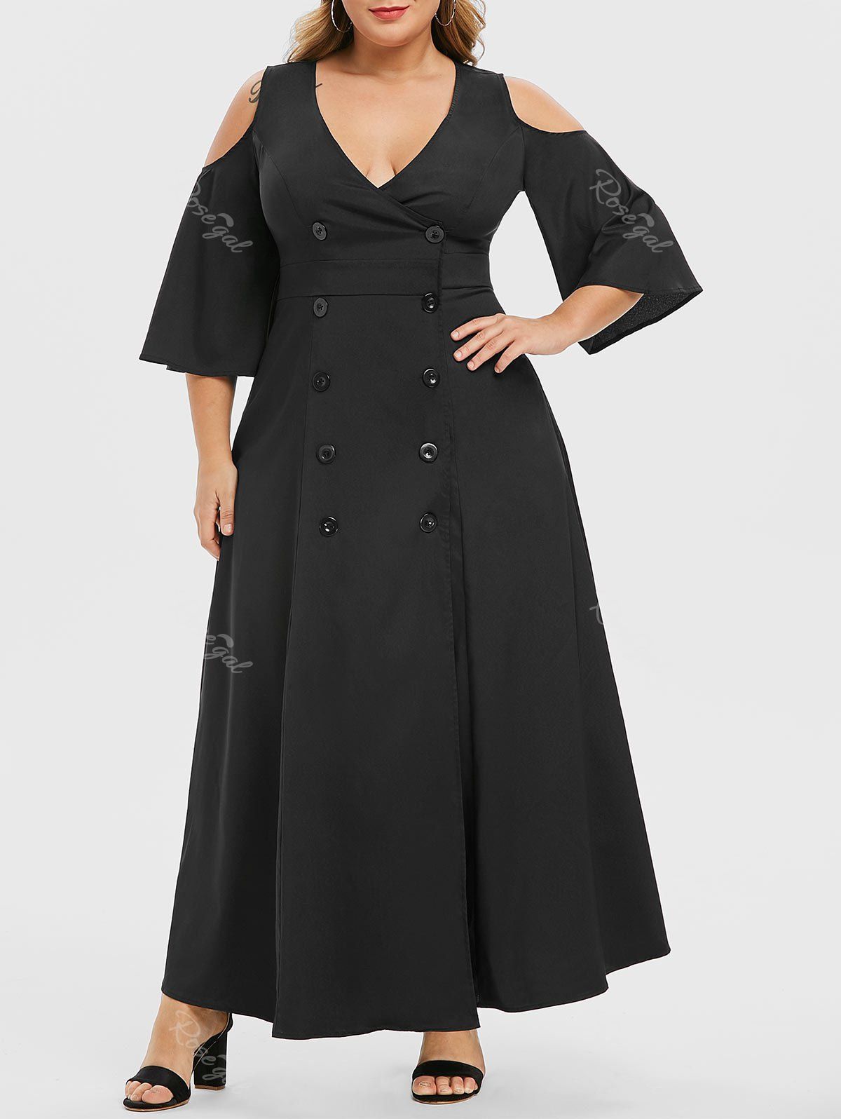 

Plus Size Plunge Double Breasted Cold Shoulder Maxi Dress, Night