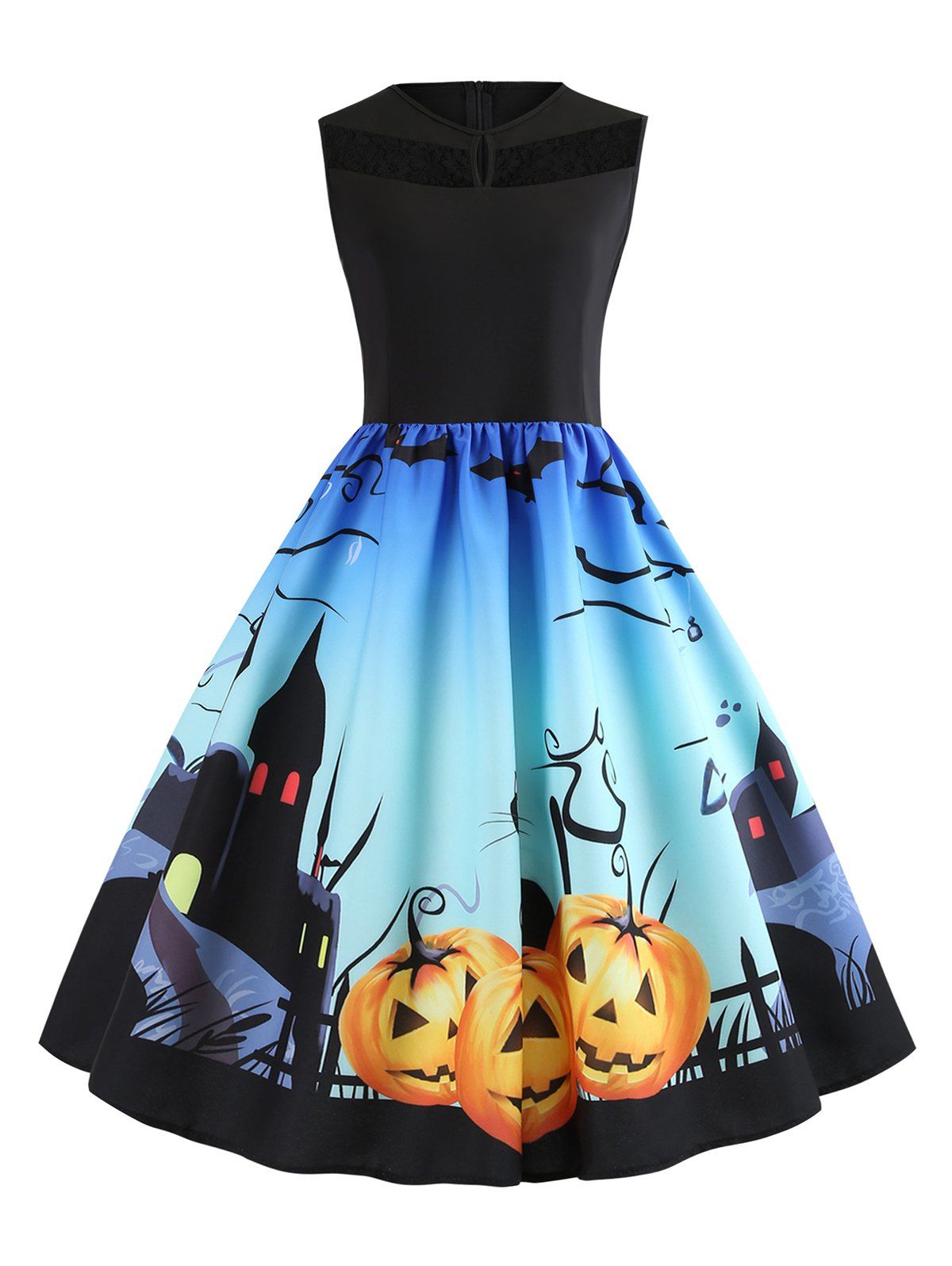 Unique Lace Panel Bat Pumpkin Sleeveless Halloween Dress  