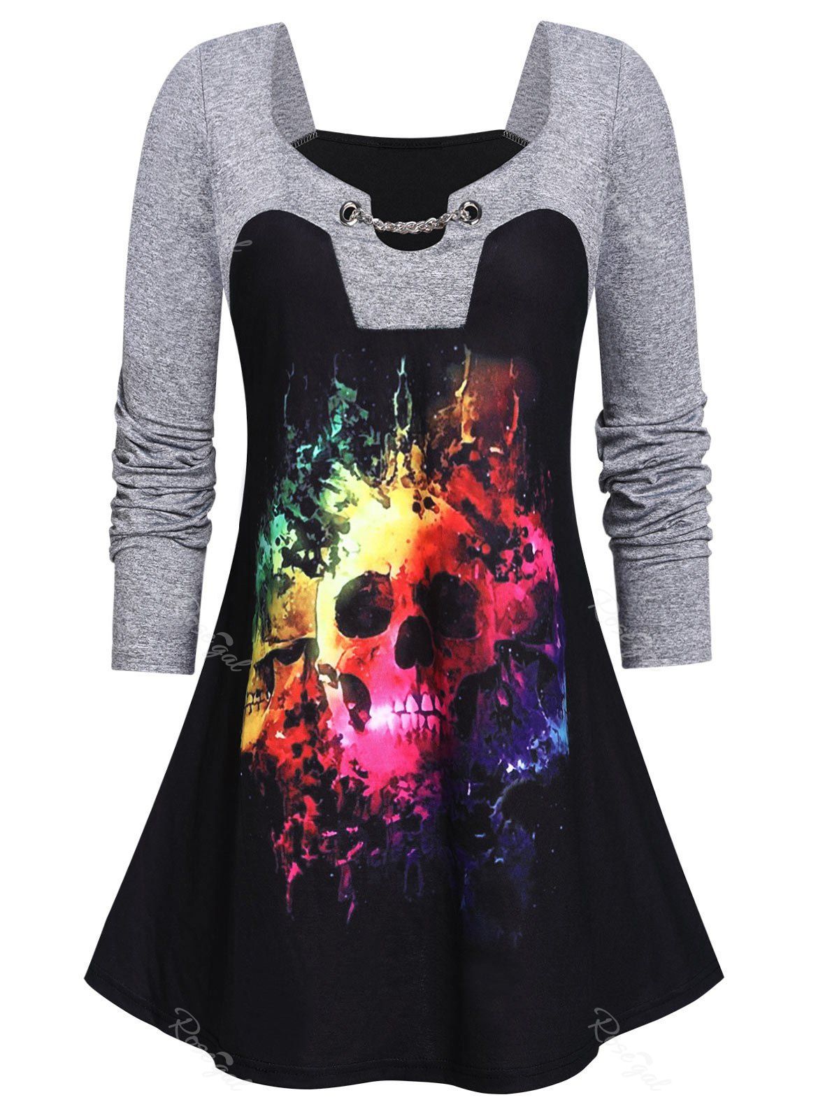

Plus Size Skull Print Two Tone Halloween Gothic T Shirt, Black