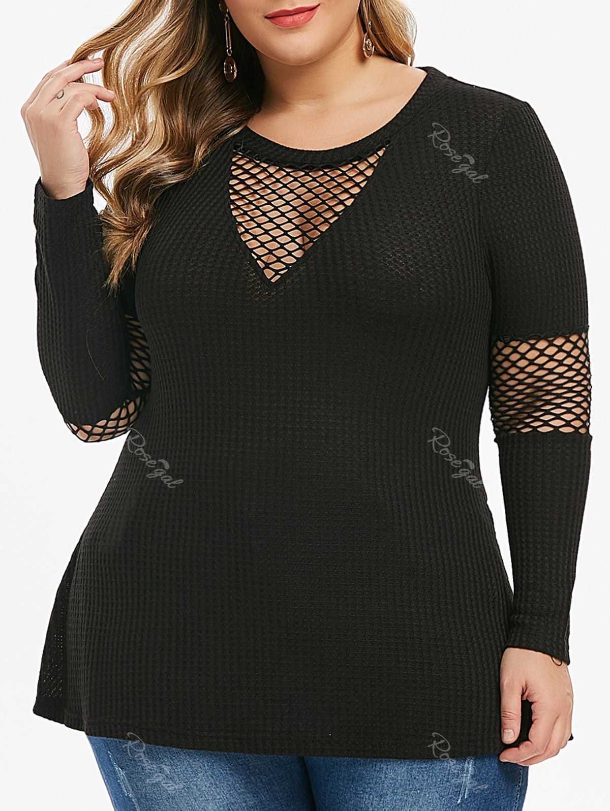 

Solid Long Sleeve Lattice Plus Size Top, Black
