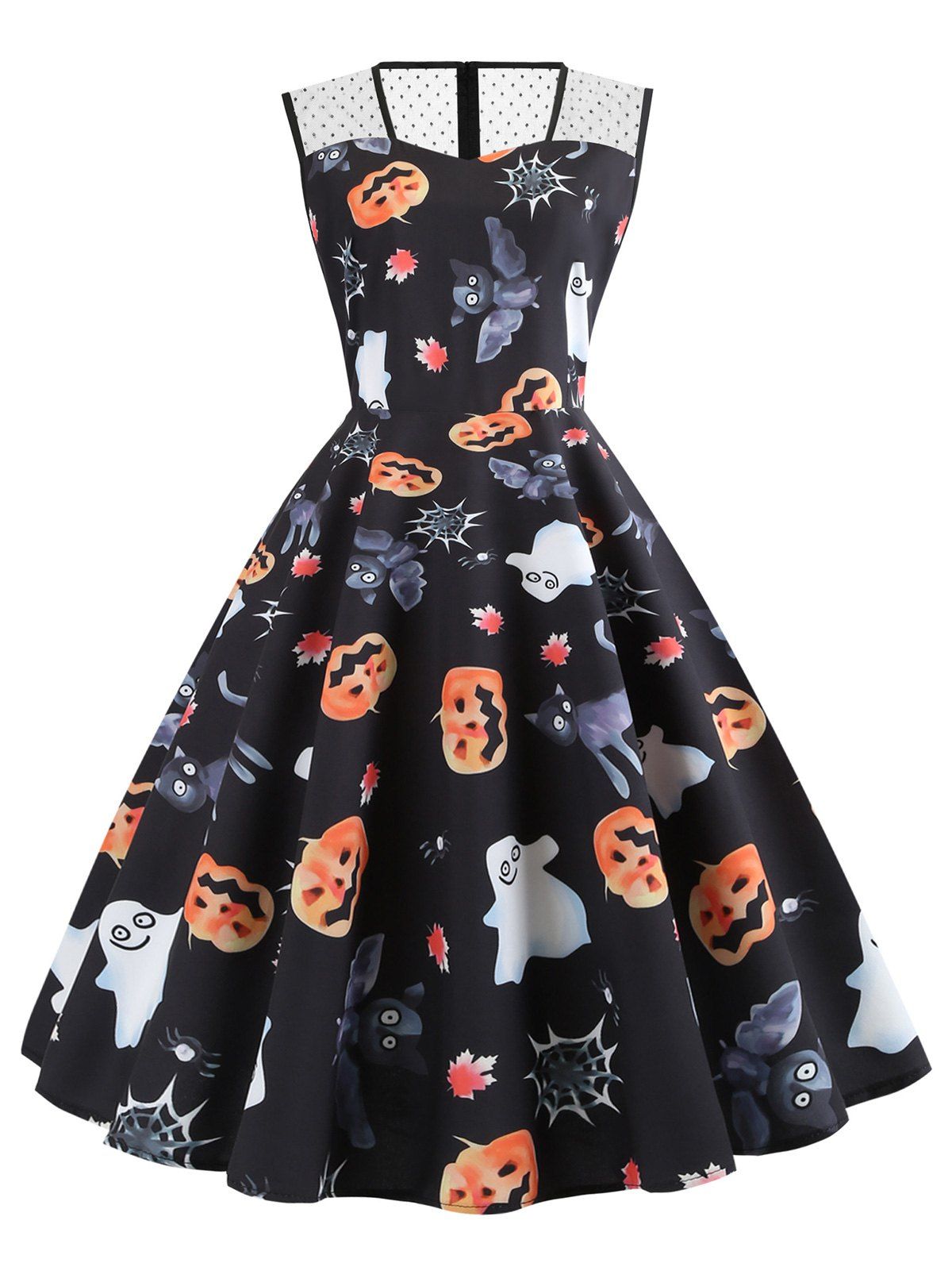 

Mesh Panel Pumpkin Ghost Bat A Line Halloween Dress, Black