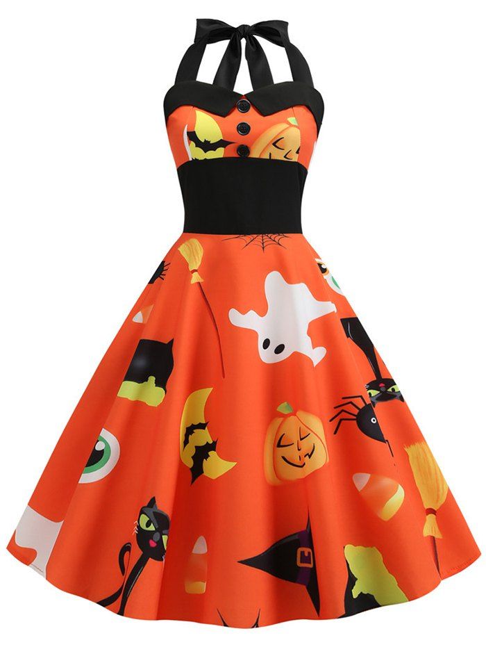

Pumpkin Ghost Buttons Halloween Halter Dress, Halloween orange