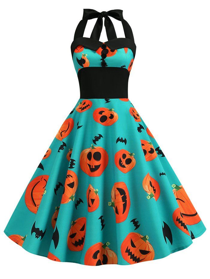 

Pumpkin Ghost Buttons Halloween Halter Dress, Macaw blue green