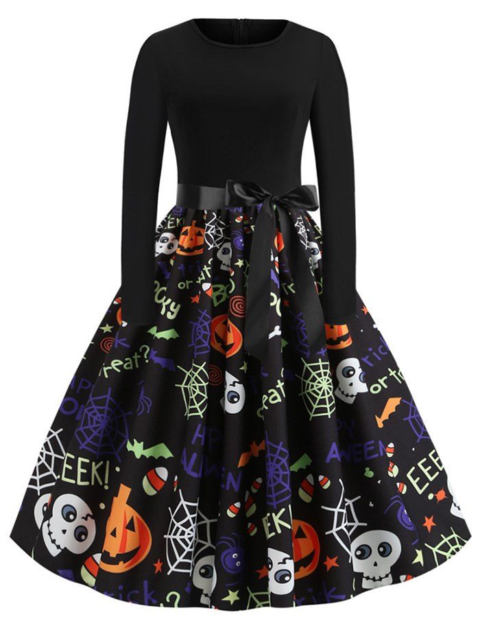 

Pumpkin Skull Spiders Belted Long Sleeves Halloween Dress, Black