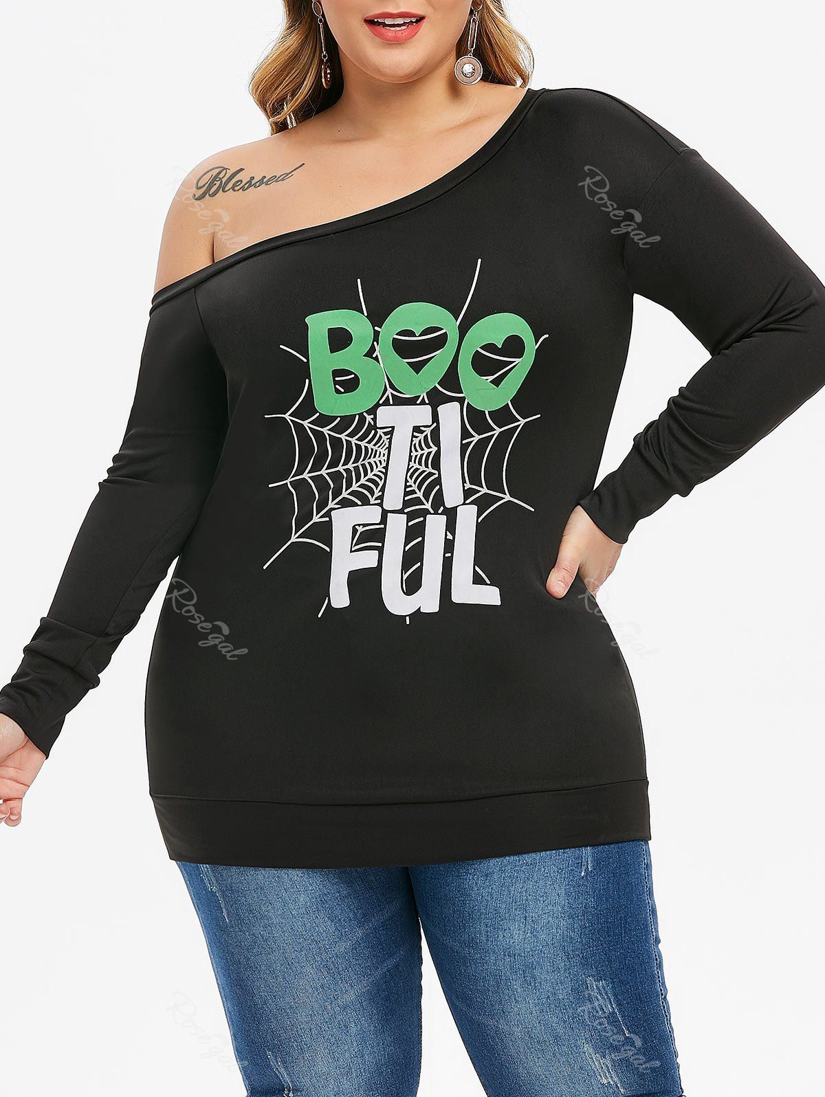 

Plus Size Printed Skew Neck Graphic Halloween Sweatshirt, Black