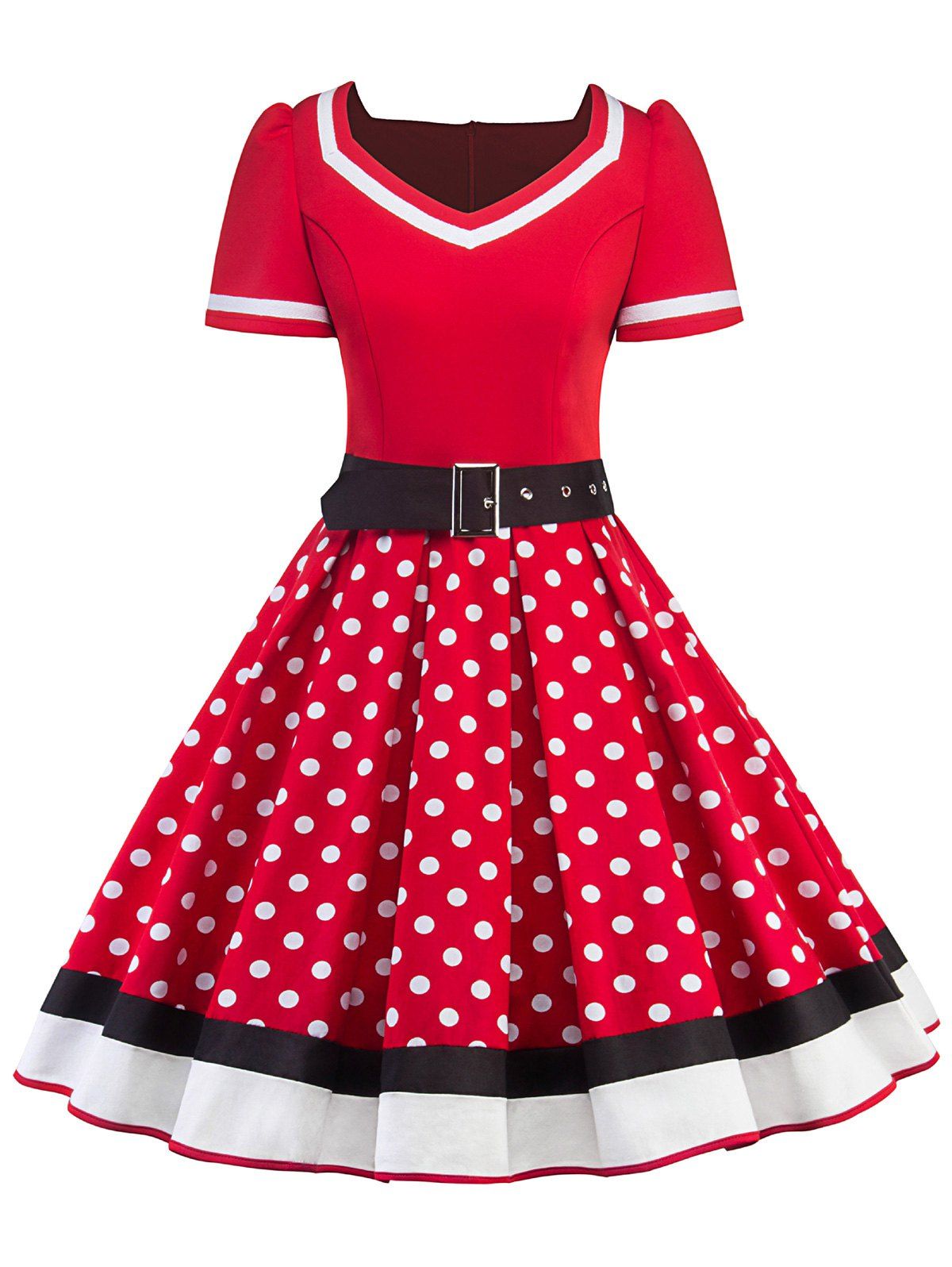 

Polka Dot Striped Belted V Neck Dress, Red