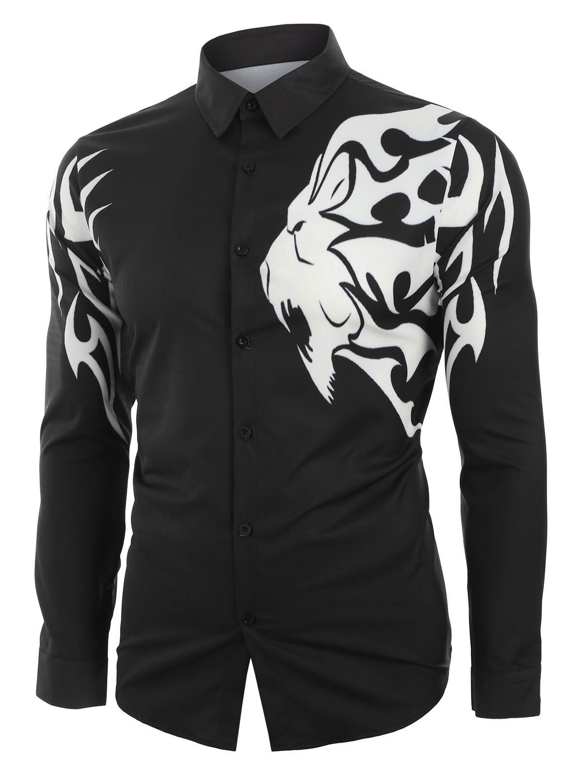 Leopard Pattern Print Long Sleeve Button Casual Shirt, Black