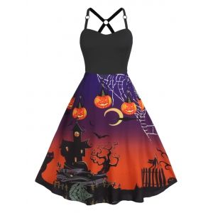 

Plus Size A Line Halloween Print High Waist Vintage Dress, Black