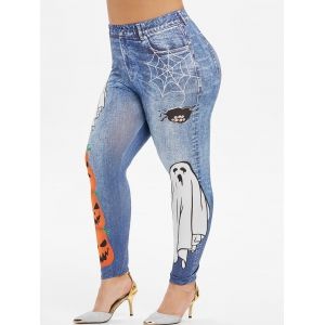 

Plus Size Halloween Ghost Pumpkin Print 3D Jeggings, Denim blue