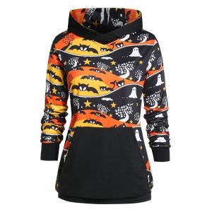 

Plus Size Bat Print Pocket Long Sleeve Hoodie, Black