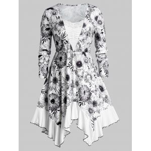 

Plus Size Handkerchief Ruched Floral Print Peplum T Shirt, White