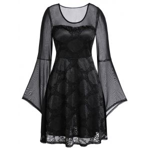 

Plus Size Lace Mesh See Thru Flare Sleeve Dress, Black