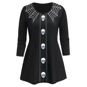 

Plus Size Halloween Skull Spider Web A Line Tunic Tee, Black