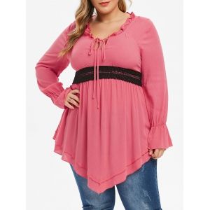 

Plus Size Ruffle Front Tie Contrast Lace Tunic Blouse, Pink