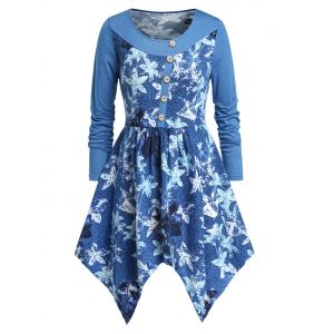 

Plus Size Handkerchief Floral Print Buttons Peplum T Shirt, Dodger blue