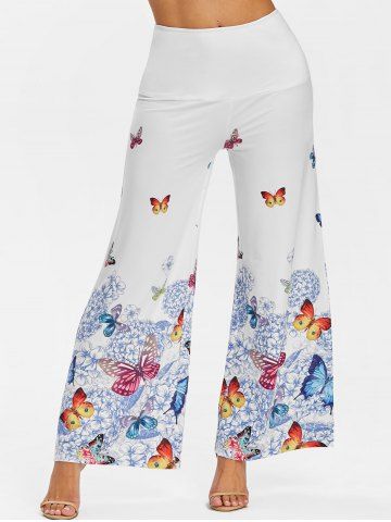 

High Waist Floral Butterfly Print Wide Leg Pants, White