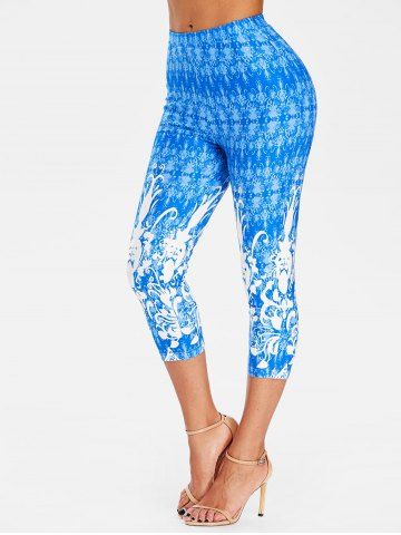

Elastic Waist Printed Capri Leggings, Blueberry blue