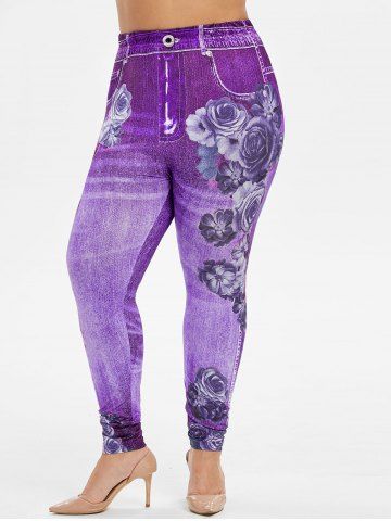 

Plus Size High Rise Floral Gym 3D Jeggings, Dark orchid