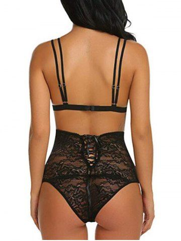 

Lace Up High Waist Lace Lingerie Bra Set, Black