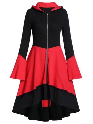 Hooded Two Tone Zip Up Long A Line Coat - MULTI-A - M