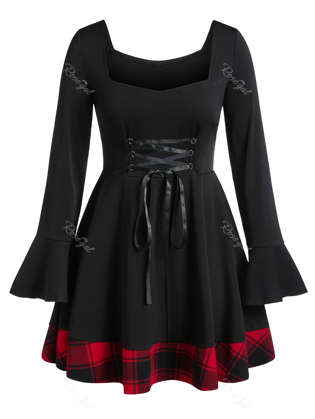 Plus Size Lace Up Plaid Flare Sleeve A Line Tee, Black