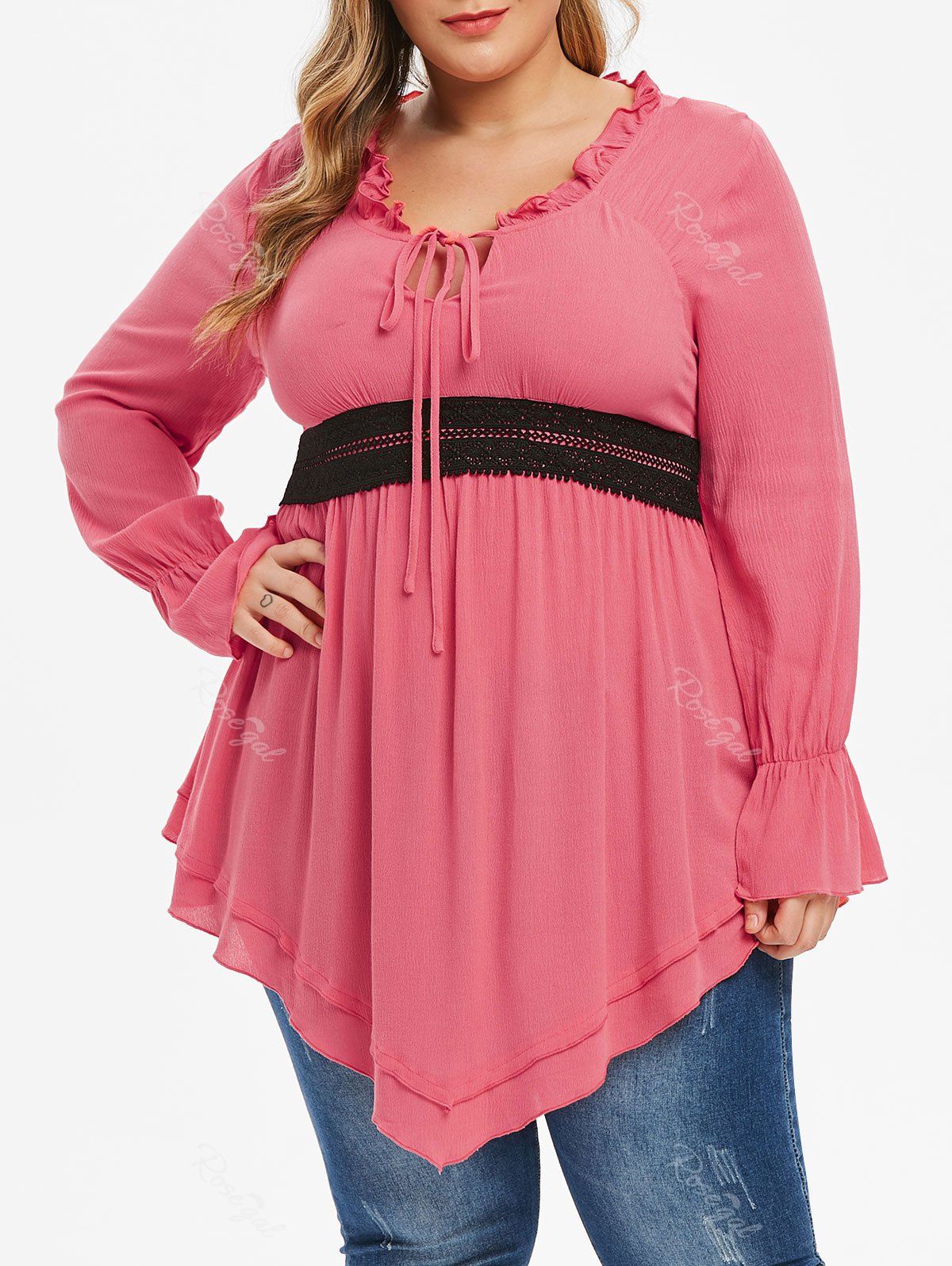 

Plus Size Ruffle Front Tie Contrast Lace Tunic Blouse, Pink