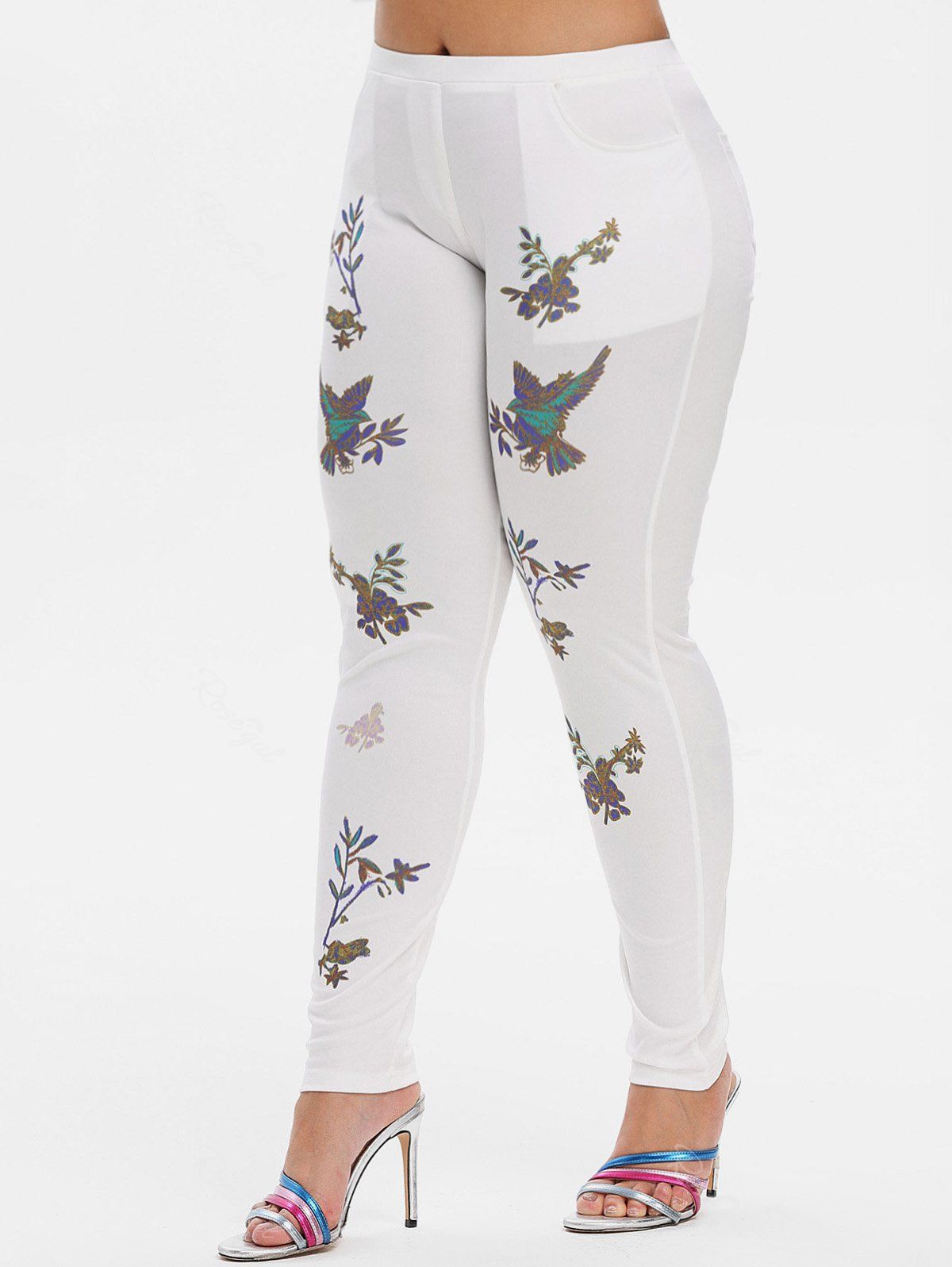 

Mid Rise Leaves Floral Plus Size Skinny Pants, White