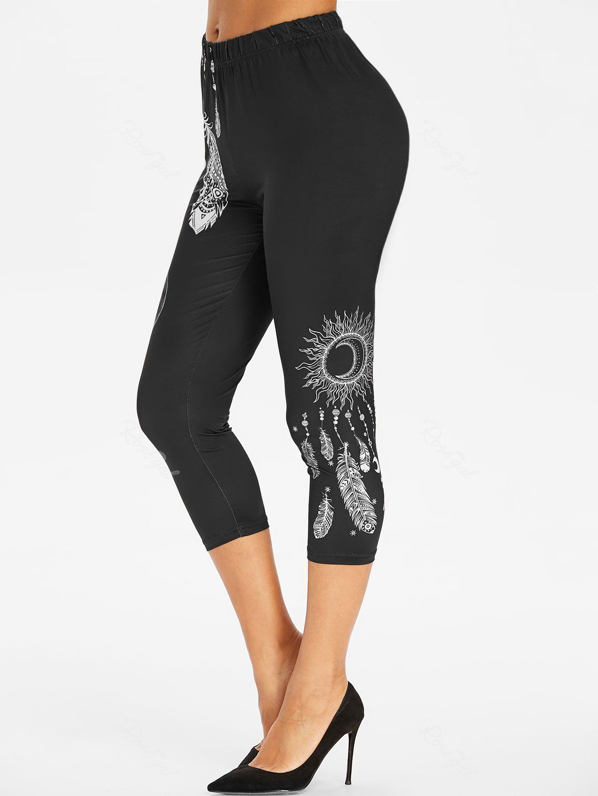 

Feather Print Elastic Waist Capri Pants, Black