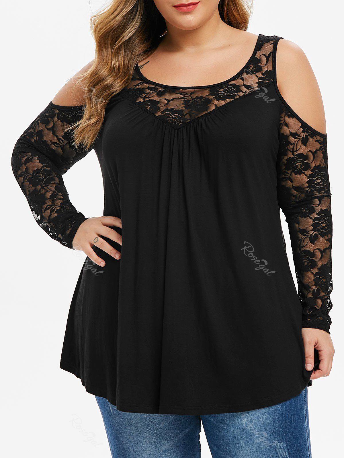 

Plus Size Sheer Lace Insert Cold Shoulder T-shirt, Black