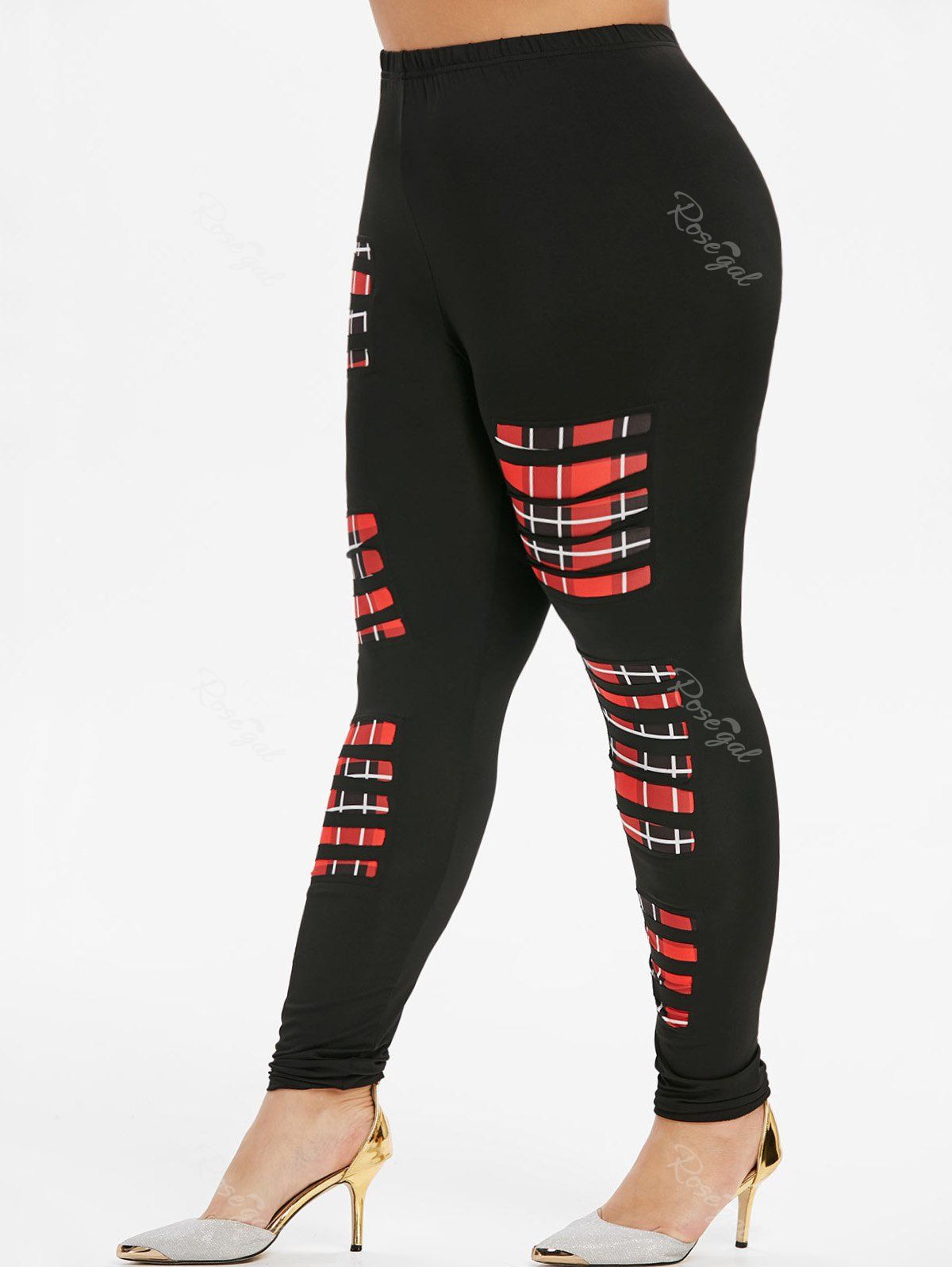 

High Waisted Laddering Cutout Plaid Panel Plus Size Leggings, Black
