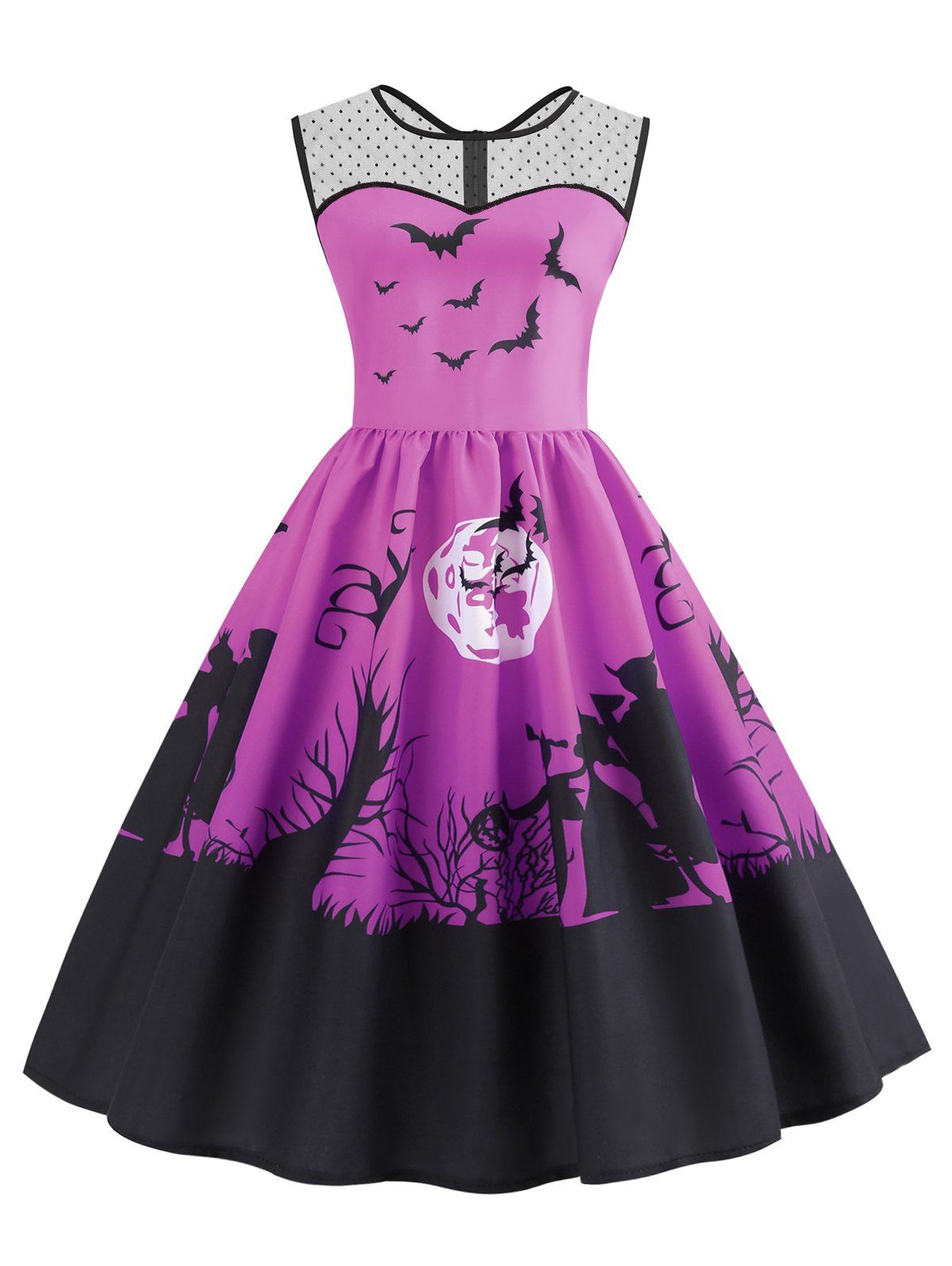 

Mesh Panel Bat Print Sleeveless Halloween Dress, Dark carnation pink