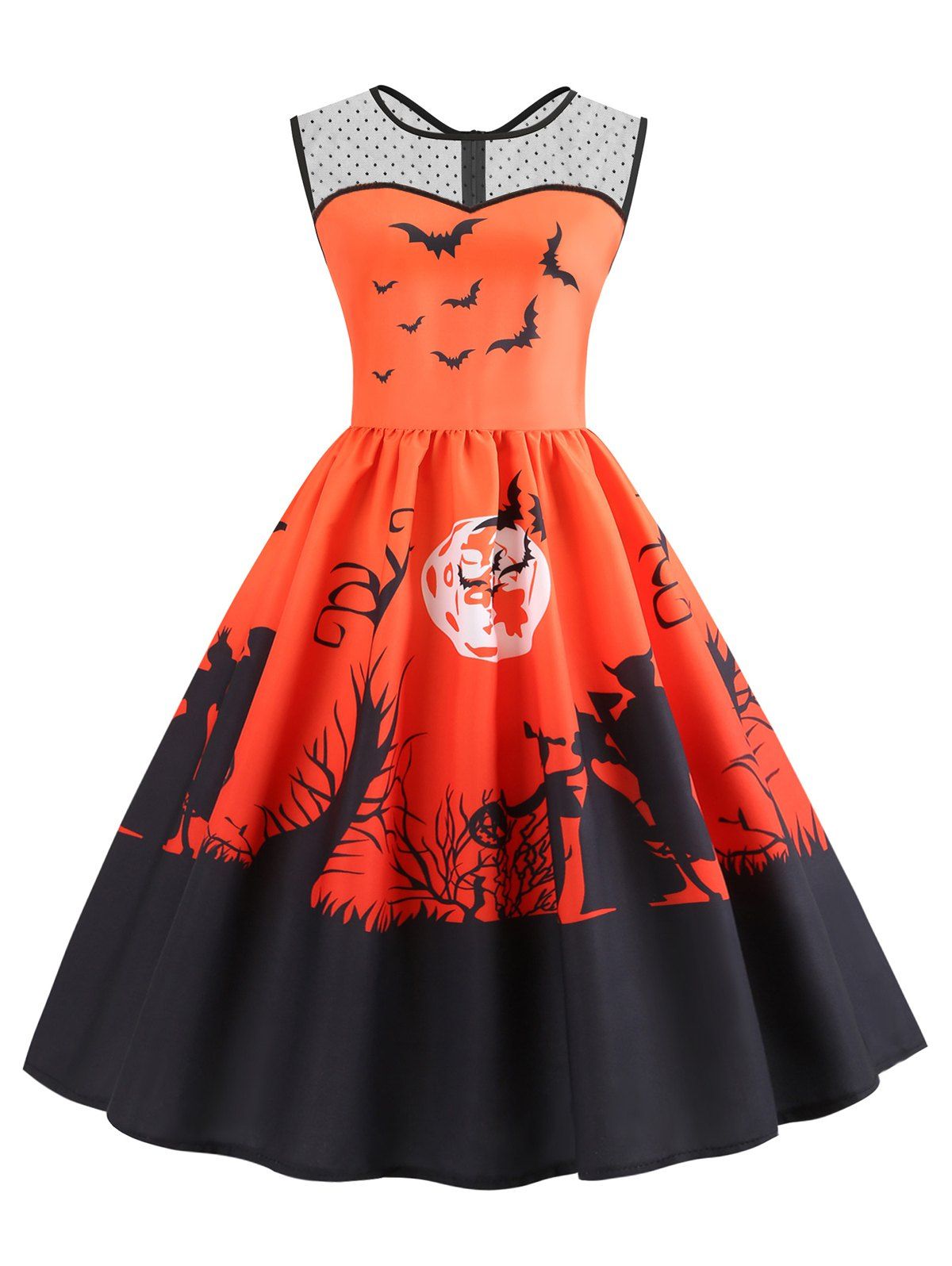 

Mesh Panel Bat Print Sleeveless Halloween Dress, Pumpkin orange