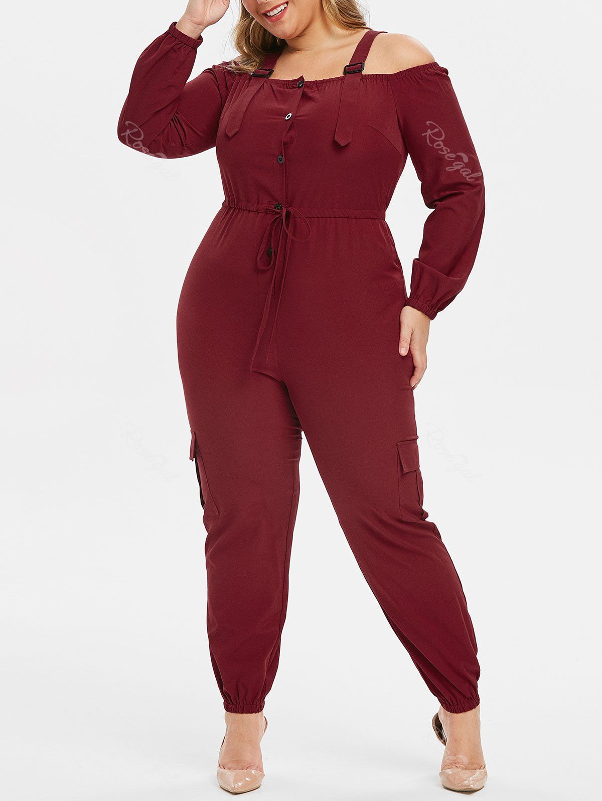 

Plus Size Drawstring Open Shoulder Buckles Half Button Jumpsuit, Red wine